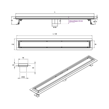 CityLine douchegoot 160 cm met flens - onderuitloop 50 mm