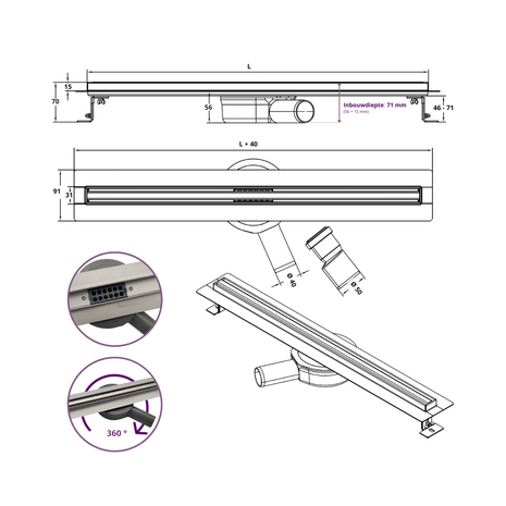CityLine Flex douchegoot 60 cm flens Line - 360 &deg; draaibaar sifon