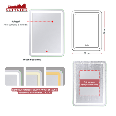 Moderne Badkamer Spiegel  &quot;Bosa&quot; - 80 x 60 cm - LED &amp; Anti-condens