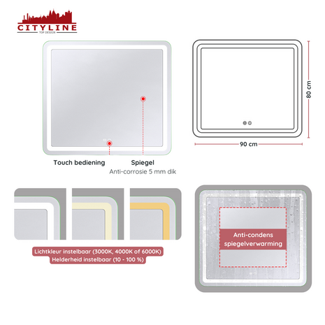 Moderne Badkamer Spiegel  &quot;Bosa&quot; - 80 x 90 cm - LED &amp; Anti-condens