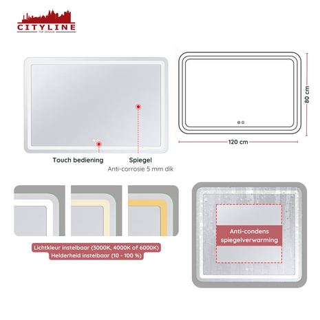 Moderne Badkamer Spiegel  &quot;Bosa&quot; - 80 x 120 cm - LED &amp; Anti-condens