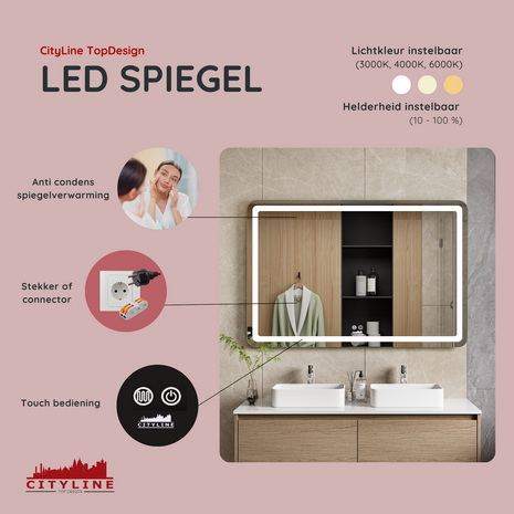 Moderne Badkamer Spiegel  &quot;Bosa&quot; - 80 x 120 cm - LED &amp; Anti-condens