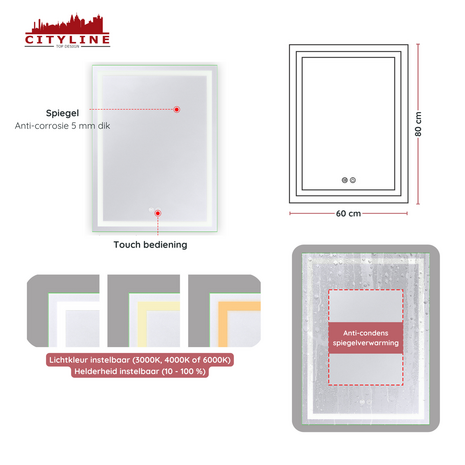 Moderne Badkamer Spiegel  &quot;Ottana&quot; - 80 x 60 cm - LED &amp; Anti-condens