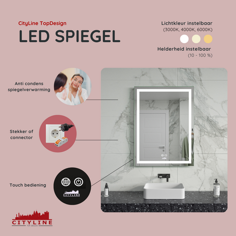 Moderne Badkamer Spiegel  &quot;Ottana&quot; - 80 x 60 cm - LED &amp; Anti-condens