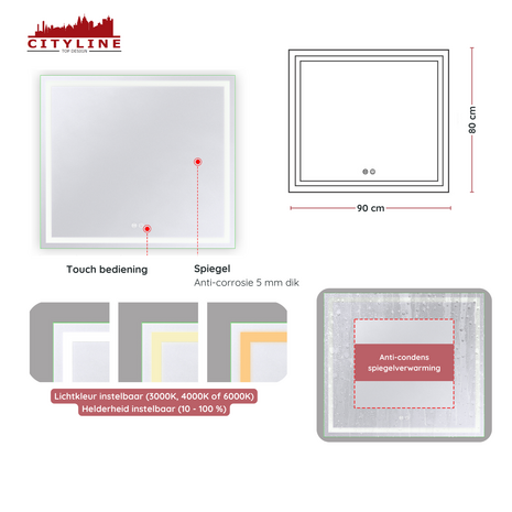 Moderne Badkamer Spiegel  &quot;Ottana&quot; - 80 x 90 cm - LED &amp; Anti-condens