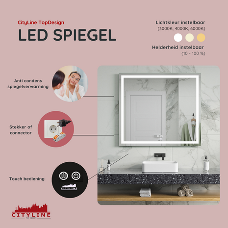 Moderne Badkamer Spiegel  &quot;Ottana&quot; - 80 x 90 cm - LED &amp; Anti-condens
