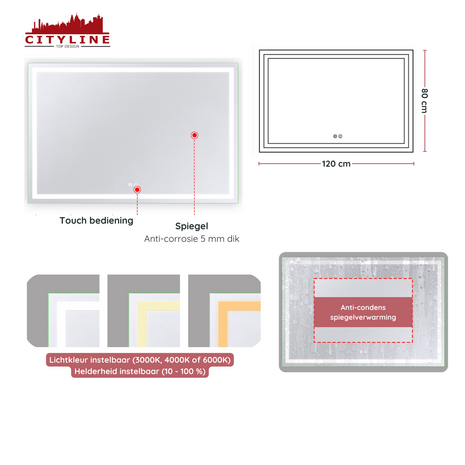 Moderne Badkamer Spiegel  &quot;Ottana&quot; - 80 x 120 cm - LED &amp; Anti-condens