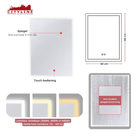 Moderne Badkamer Spiegel  &quot;Oristano&quot; - 80 x 60 cm - LED &amp; Anti-condens