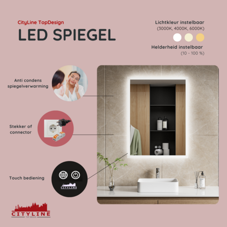 Moderne Badkamer Spiegel  &quot;Oristano&quot; - 80 x 60 cm - LED &amp; Anti-condens