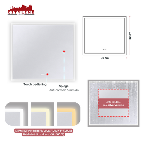Moderne Badkamer Spiegel  &quot;Oristano&quot; - 80 x 90 cm - LED &amp; Anti-condens