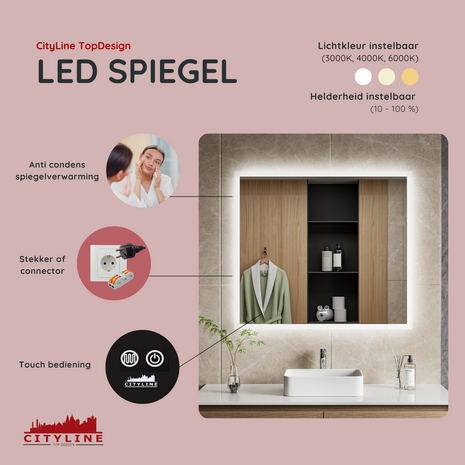 Moderne Badkamer Spiegel  &quot;Oristano&quot; - 80 x 90 cm - LED &amp; Anti-condens