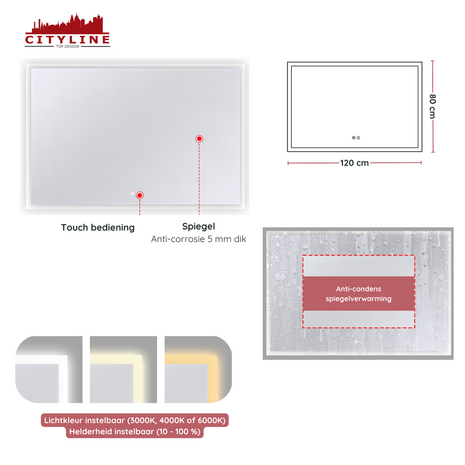 Moderne Badkamer Spiegel  &quot;Oristano&quot; - 80 x 120 cm - LED &amp; Anti-condens 
