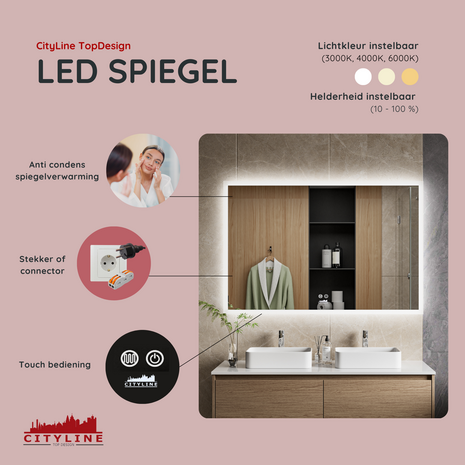 Moderne Badkamer Spiegel  &quot;Oristano&quot; - 80 x 120 cm - LED &amp; Anti-condens 