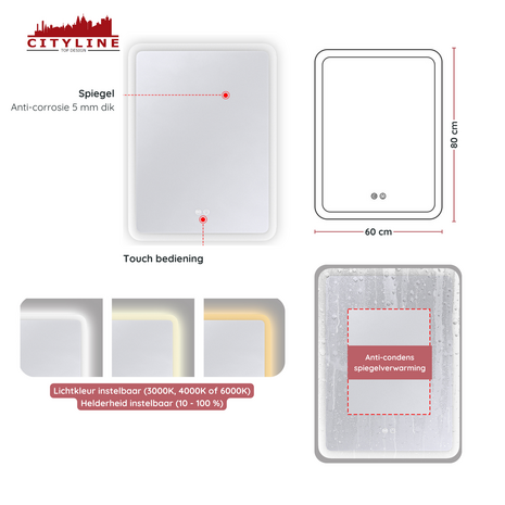 Moderne Badkamer Spiegel  &quot;Alghero&quot; - 80 x 60 cm - LED &amp; Anti-condens