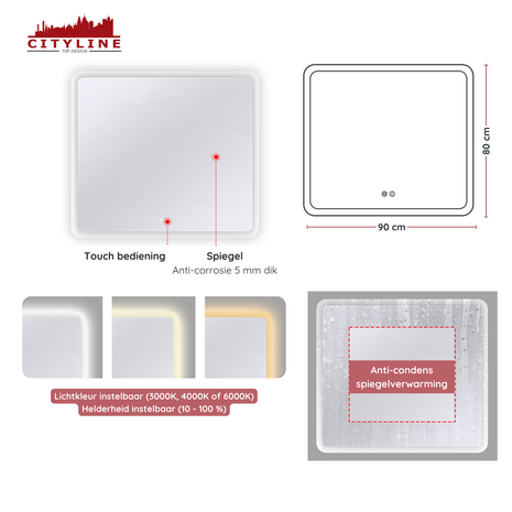 Moderne Badkamer Spiegel  &quot;Alghero&quot; - 80 x 90 cm - LED &amp; Anti-condens