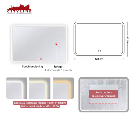 Moderne Badkamer Spiegel  &quot;Alghero&quot; - 80 x 120 cm - LED &amp; Anti-condens
