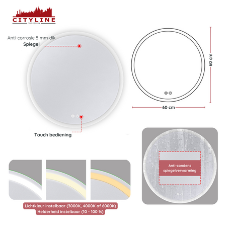 Moderne Badkamer Spiegel  &quot;Portobello&quot; - Rond - 60 cm - LED &amp; Anti-condens