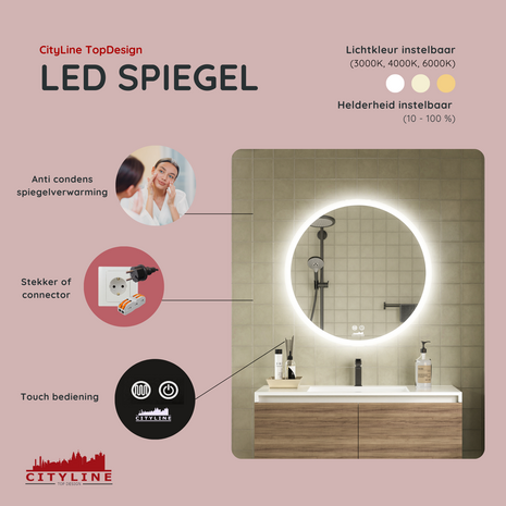 Moderne Badkamer Spiegel  &quot;Portobello&quot; - Rond - 60 cm - LED &amp; Anti-condens