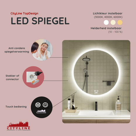 Moderne Badkamer Spiegel  &quot;Portobello&quot; - Rond - 70 cm - LED &amp; Anti-condens