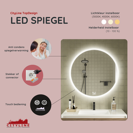Moderne Badkamer Spiegel  &quot;Portobello&quot; - Rond - 80 cm - LED &amp; Anti-condens