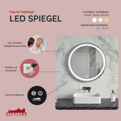 Moderne Badkamer Spiegel  &quot;Villamar&quot; - Rond - 60 cm - LED &amp; Anti-condens