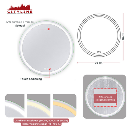 Moderne Badkamer Spiegel  &quot;Villamar&quot; - Rond - 70 cm - LED &amp; Anti-condens