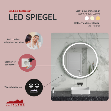 Moderne Badkamer Spiegel  &quot;Villamar&quot; - Rond - 80 cm - LED &amp; Anti-condens 