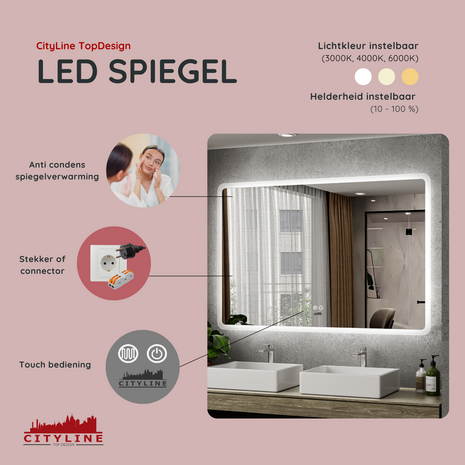 Moderne Badkamer Spiegel  "Alghero" - 80 x 120 cm - LED &amp; Anti-condens