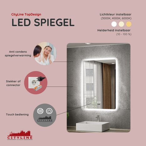 Moderne Badkamer Spiegel  "Alghero" - 80 x 60 cm - LED &amp; Anti-condens