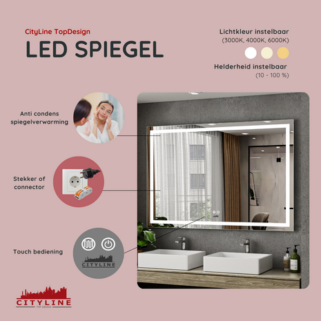 Moderne Badkamer Spiegel  "Ottana" - 80 x 120 cm - LED &amp; Anti-condens