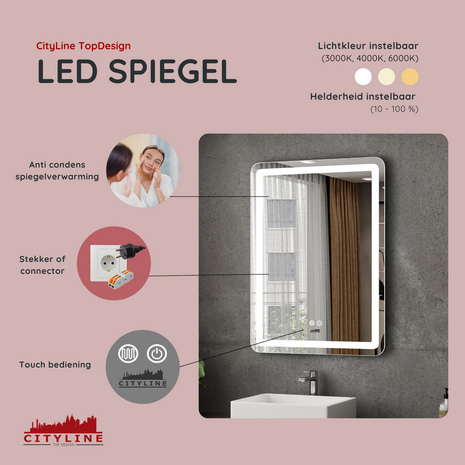 Moderne Badkamer Spiegel  "Bosa" - 80 x 60 cm - LED &amp; Anti-condens