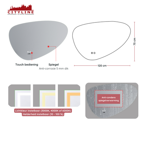 Moderne Badkamer Spiegel  "Sassari" - 75 x 120 cm - LED &amp; Anti-condens