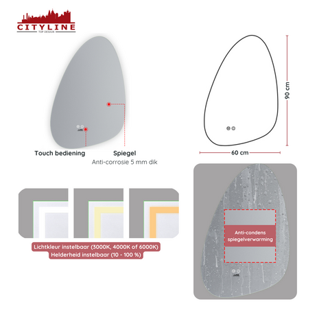 Moderne Badkamer Spiegel "Monti" - 90 x 60 cm - LED &amp; Anti-condens