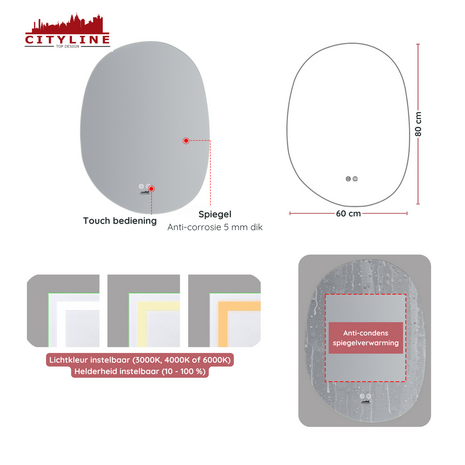 Moderne Badkamer Spiegel "Bardosu" - 80 x 60 cm - LED &amp; Anti-condens